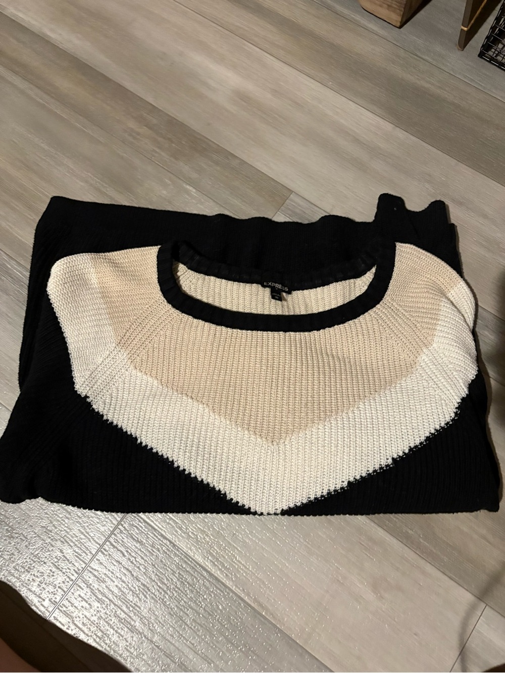 Express Black Crewneck Sweater with Cream and White Chevron